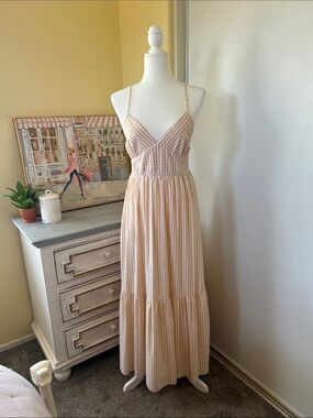Women’s Yellow and White Striped Maxi Sundress with V-Neck